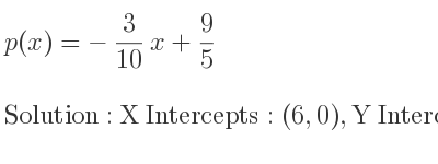 The p(x)=-3/10 x+9/5 is X Intercepts: (6,0),Y Intercepts: (0, 9/5)